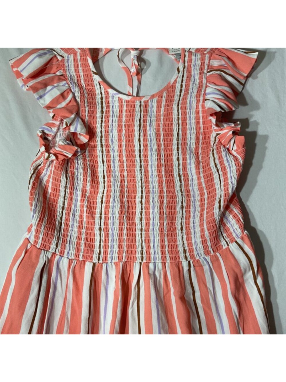 A new day Striped Coral & White Midi Dress size M With Ruffle Sleeves Smocked - Picture 9 of 11